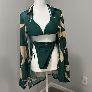 SEXY 3pc bikini set, high waist green bikini, matching shirt/coverup *new*